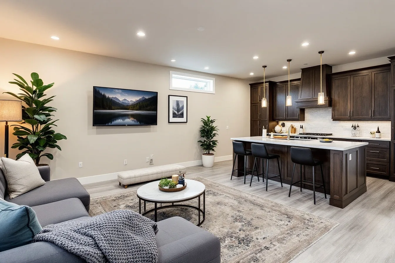 Finished basement lounge with custom wet bar and entertainment area — Calgary basement development