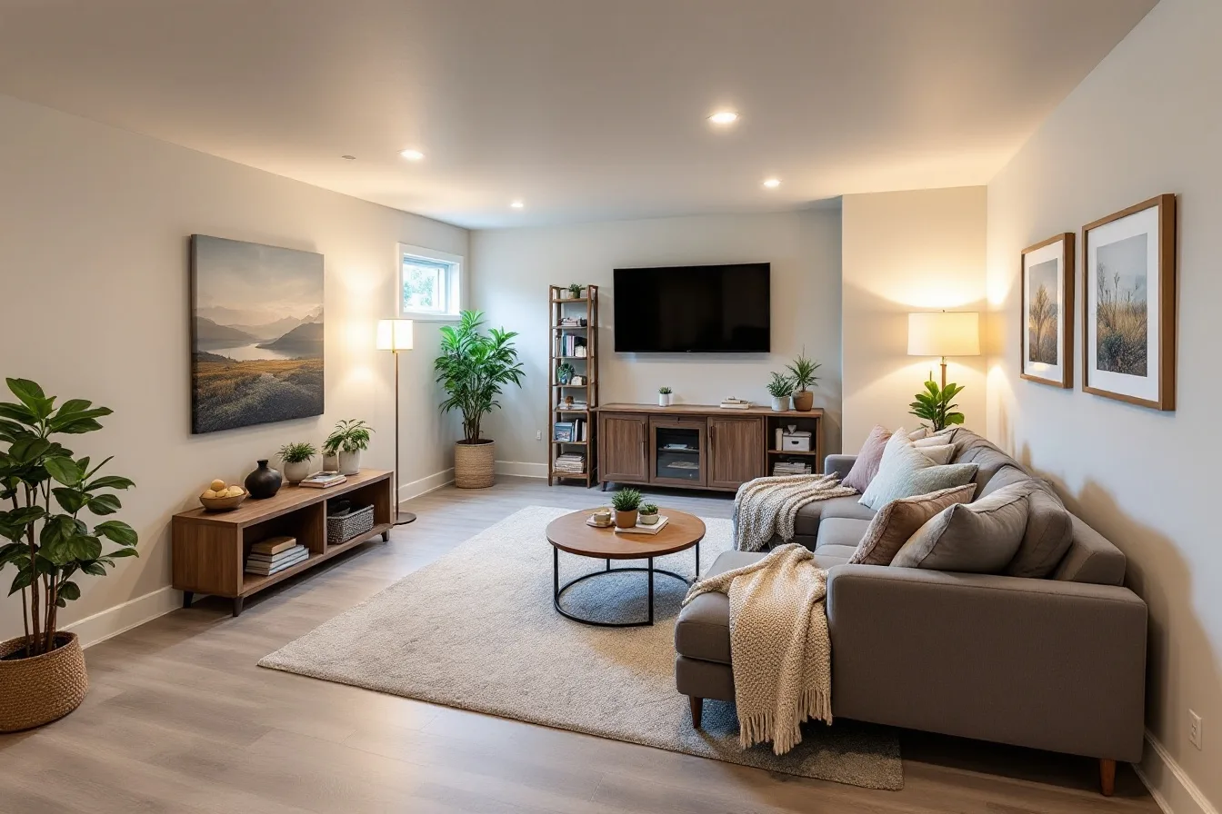 Finished basement family room with luxury vinyl plank flooring and pot lighting — Calgary basement development