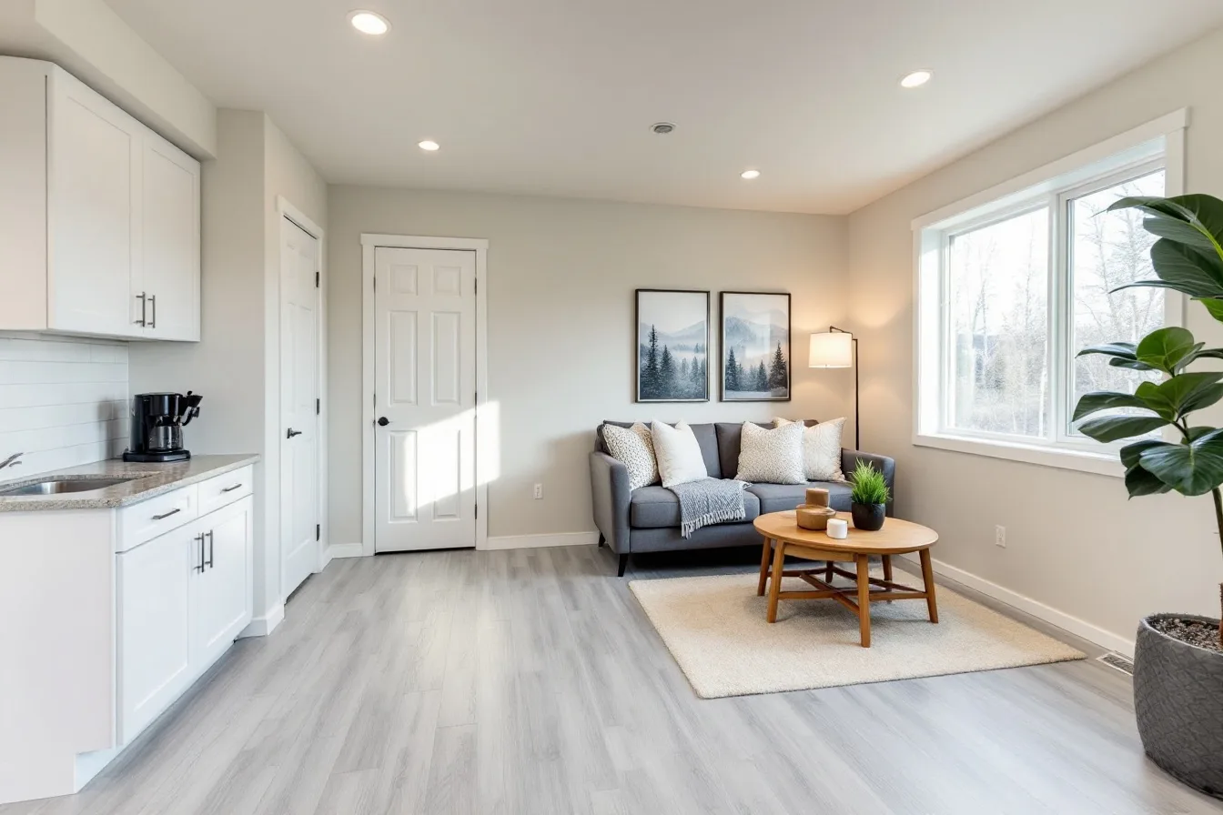 Bright finished garage suite living area with kitchenette — Calgary garage suite build, Harmony